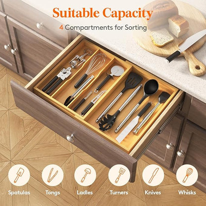 Lifewit Utensil Drawer Organizer, Expendable Cooking Silverware Tray for Kitchen Drawer, Bamboo Adjustable Cutlery Flatware Holder, Spatula Tools and Gadgets Storage Divider, 4 Compartments, Natural