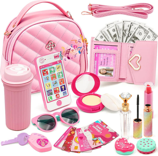 Kids Pretend Play Little Girl Purse Accessories, Princess Toy Cell Phone w/ Light & Sound, Fake Makeup, Wallet, Keys, Credit Card, Play Water Bottle Valentine Birthday Gift Toys for Girls