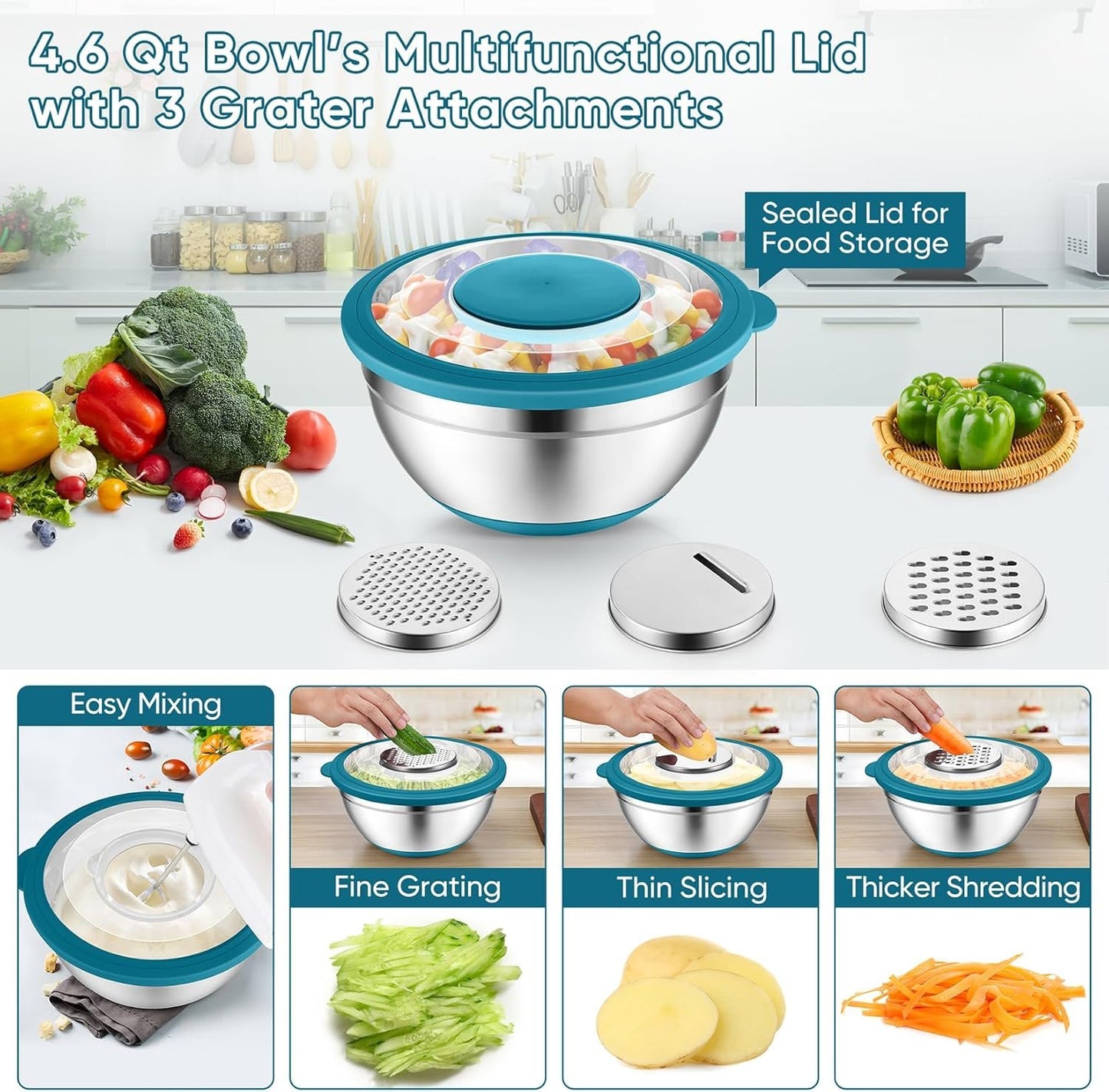 P&P CHEF Mixing Bowls with Lids Set of 3, 3 Pcs Stainless Steel Nesting Salad Bowls and Colander for Kitchen, 3 Grater Attachments & Non-Slip Bottoms, Visible & Airtight Lid, Blue