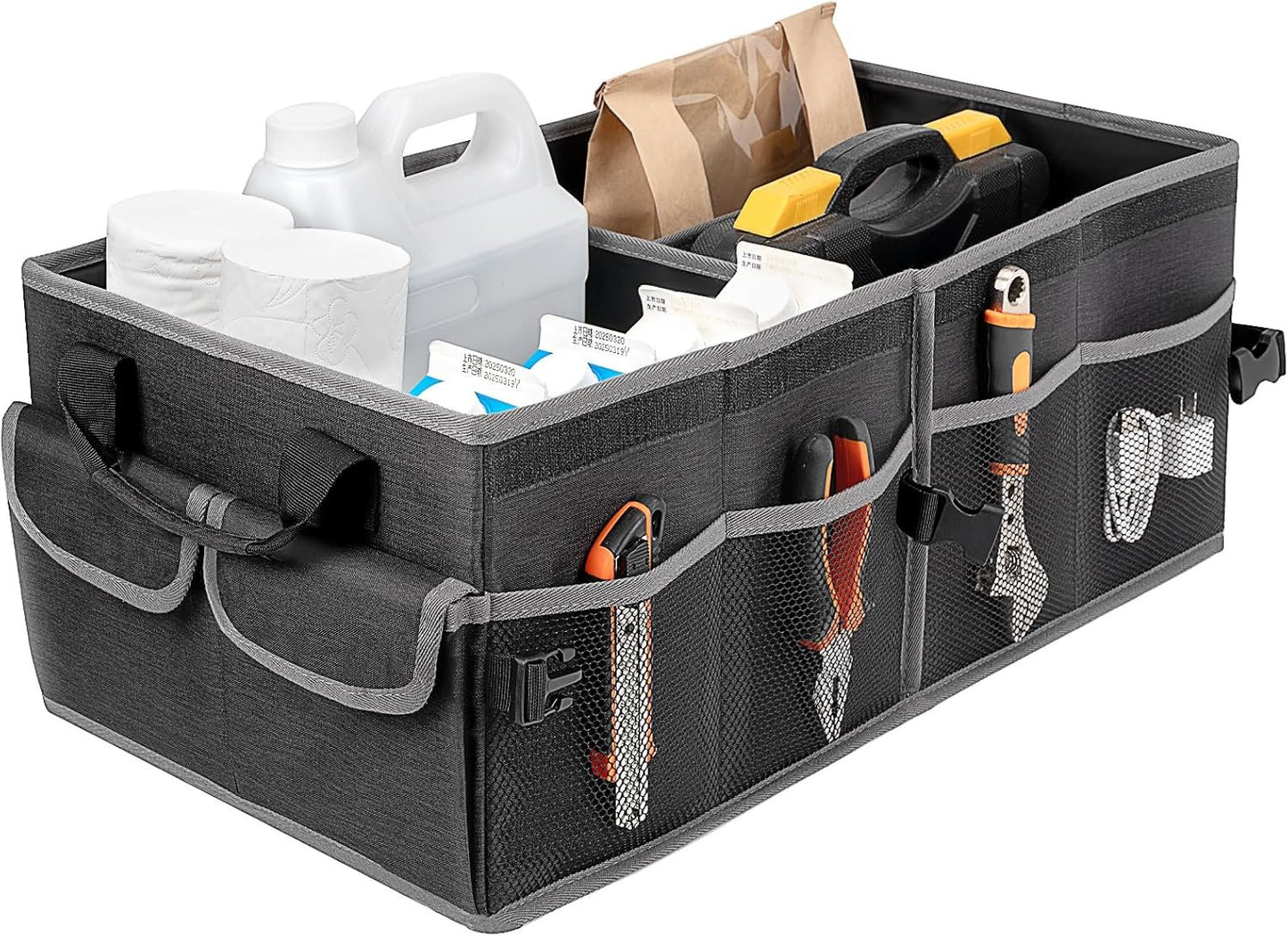 BPFY Black Collapsible Car Trunk Organizer for Suv with Lid, Large Trunk Organizer for Car with Anti Slip Velcro, Oxford Multi-Compartments Car Organizer Trunk