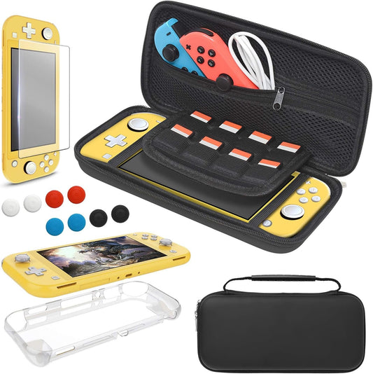 Case for Nintendo Switch Lite Accessories, YUANHOT Portable Travel Bag for Switch Lite Games Protective Case & Tempered Glass Screen Protector & 6 Thumb Grip Caps - Black