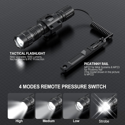 Feyachi 1500 Lumen LED Tactical Flashlight Rechargeable IPX7 Protection 4 Modes Weapon Light Mlok Rail Flashlight Included with Pressure Switch