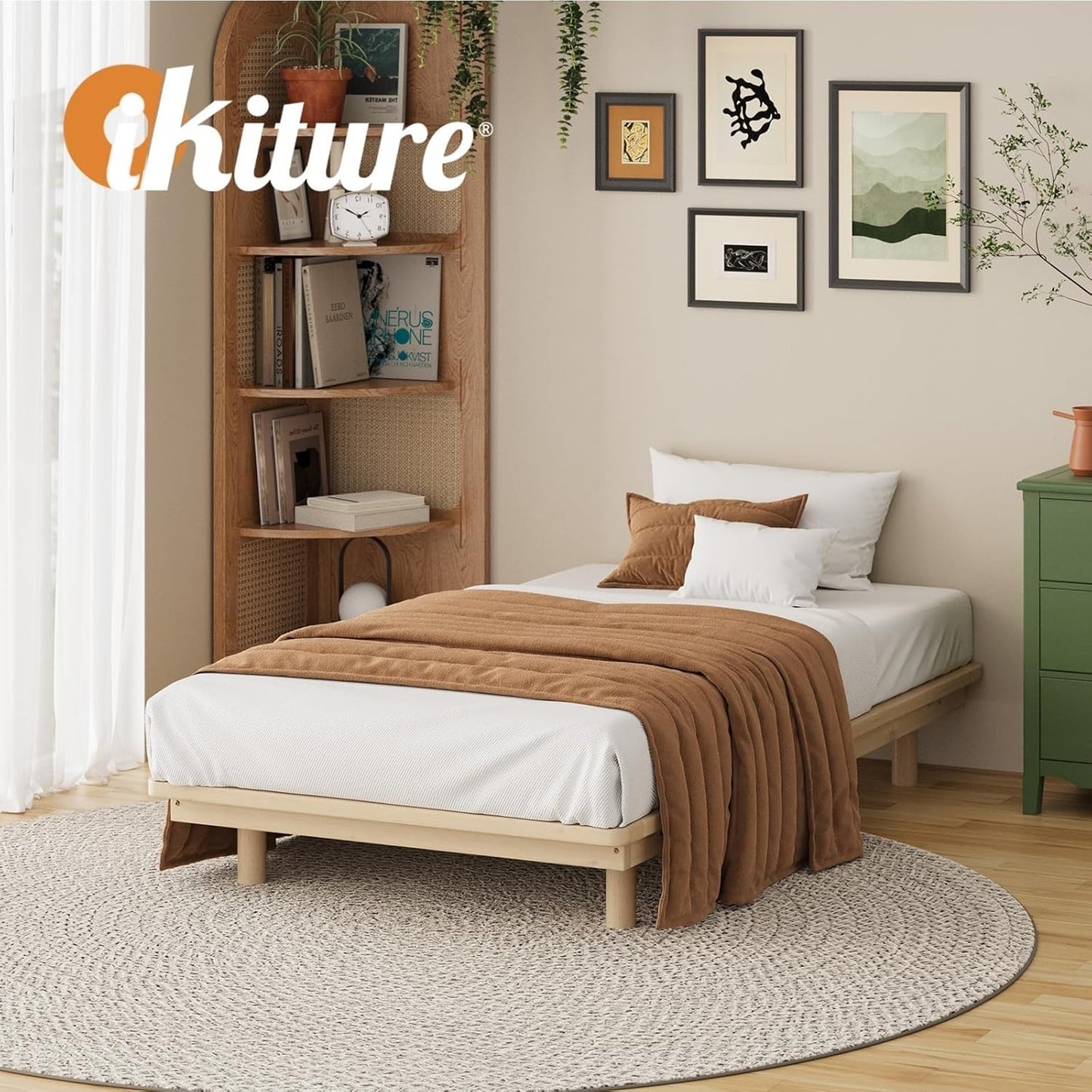 Oikiture Single Bed Frame Solid Wood Frame Platform Bed Wooden Bed Base
