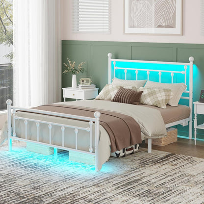 Bed Frame Full Size with Charging Station, LED Bed Frame with Victorian Style Headboard, Under-Bed Storage, No Box Spring Needed, Easy Assembly, White