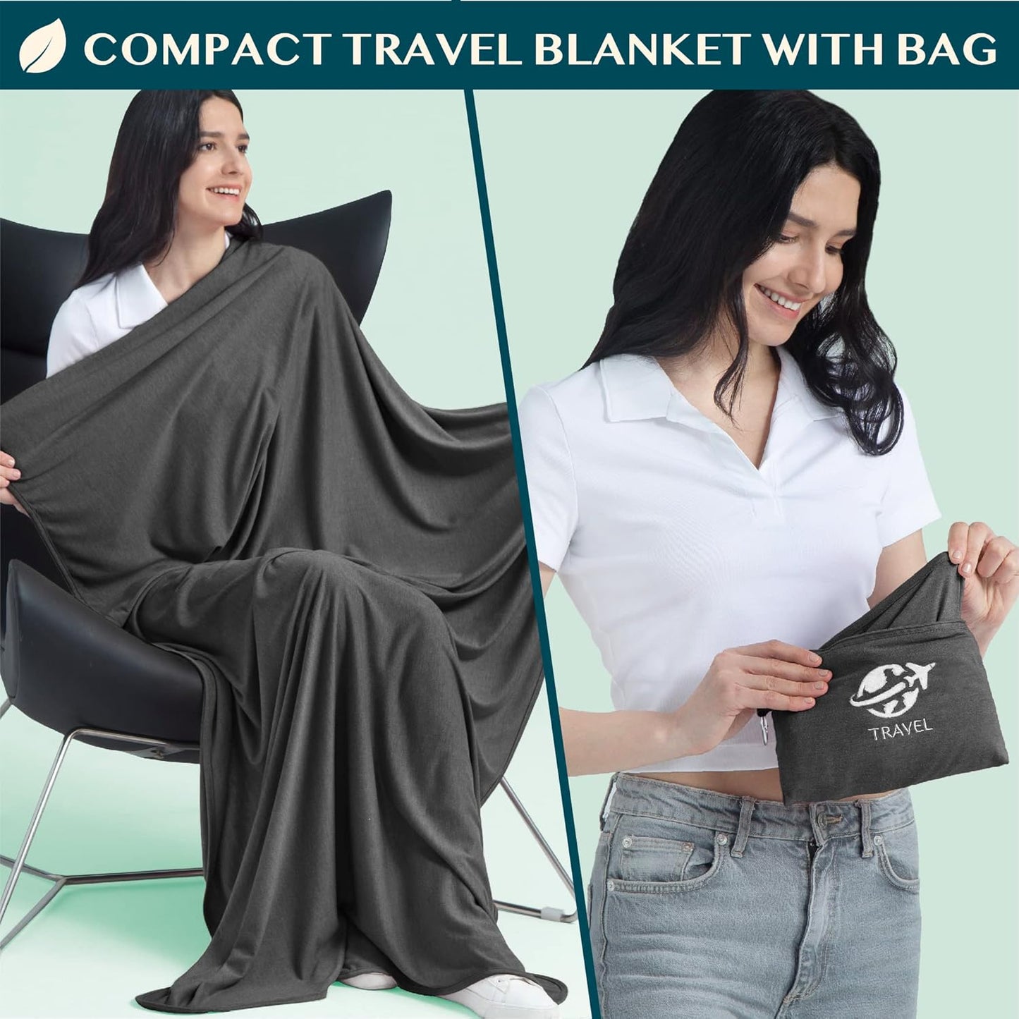 PAVILIA Soft Travel Blanket, Compact Airplane Blanket in Bag, Portable Blanket Pillow Set, Lightweight and Packable Plane Flight Car Trips Travel Home Office Gift Accessories, Black