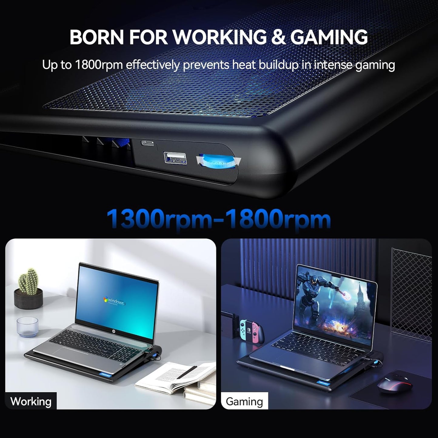 TECKNET Cooling Pad for 12"-15.6" Laptops, Gaming Stand With Adjustable Wind Speed, 2 USB Powered Fans for Devices Up to 16 Inch (Blue)