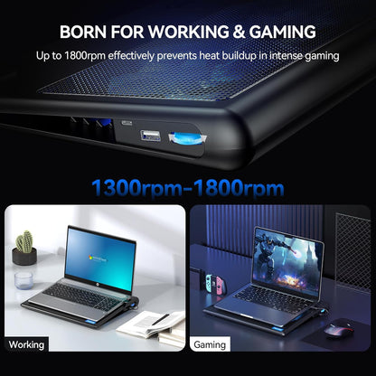 TECKNET Cooling Pad for 12"-15.6" Laptops, Gaming Stand With Adjustable Wind Speed, 2 USB Powered Fans for Devices Up to 16 Inch (Blue)