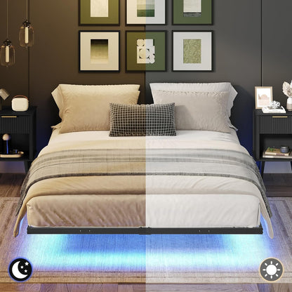 MAHANCRIS Full Size Floating Bed Frame, Metal Platform Bed with Power Strip and LED Strip, Metal Bed Frame with Storage Box, Soundless, No Box Springs Needed, Black