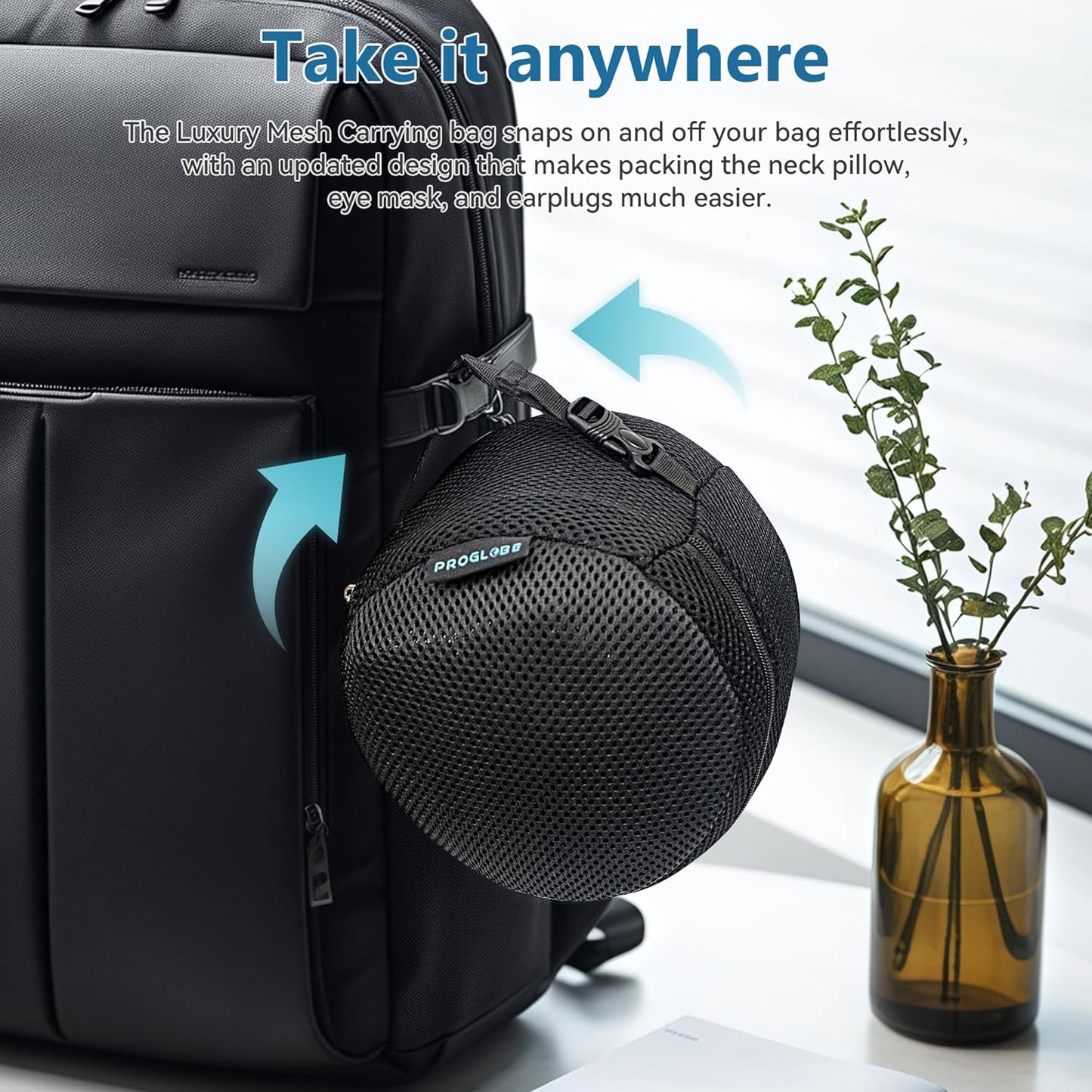 Proglobe Orthopedic Neck Pillow Travel Neck Pillows for Airplanes, Memory Foam Kit, Updated Resting Material, Airplane Travel Set with 3D Contoured Eye Masks, Earplugs, and Luxury Mesh Bag (Black)