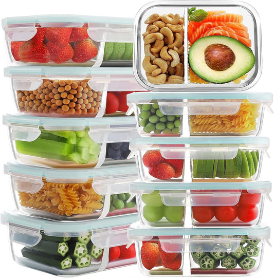 Bayco 10 Pack Glass Meal Prep Containers 2 Compartment, Glass Food Storage Containers with Lids, Airtight Glass Lunch Bento Boxes, Leak Proof (10 lids & 10 Containers)