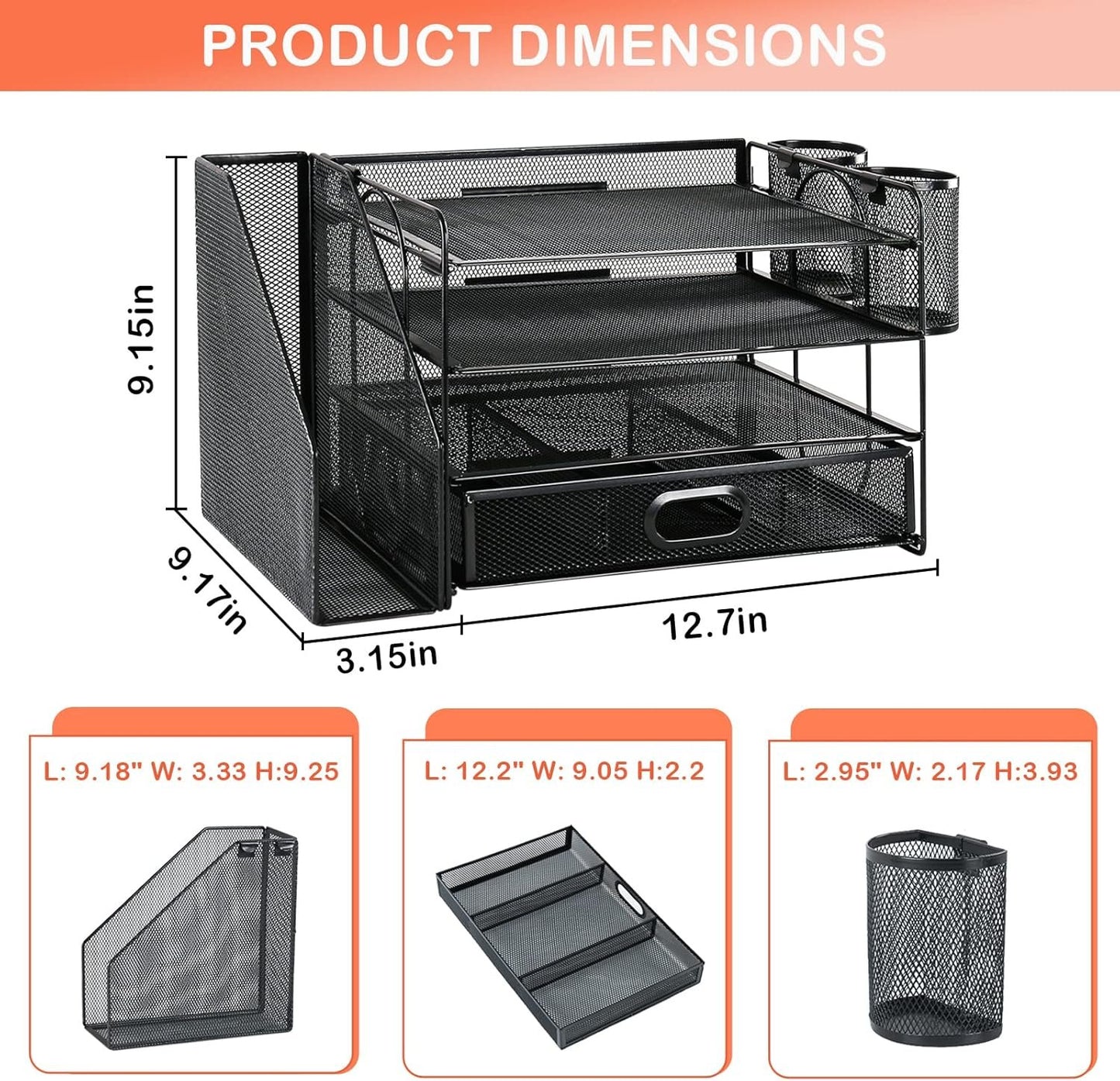 Desk Organizer with File Holder, 4-Tier Letter Paper Tray Organizer with Drawer & 2 Pen Holders, Desk Organizers and Accessories, Mesh Desktop File Organizer and Storage for Office Supplies