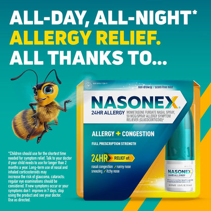 Nasonex 24HR Allergy Nasal Spray, Allergy + Congestion, Non-Drowsy Relief in Full Prescription Strength, 120 Spray