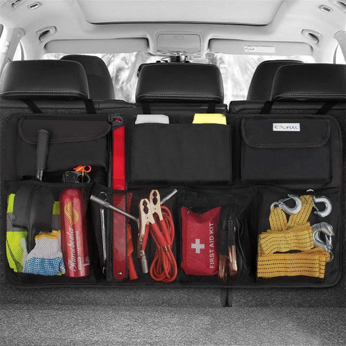 COOFULL Car Trunk Organizer - Super Capacity Car Hanging Boot Organisers with 7 Enlarged Pockets, 2 Long Magic Stick, Car Boot Tidy Storage Bag, Black