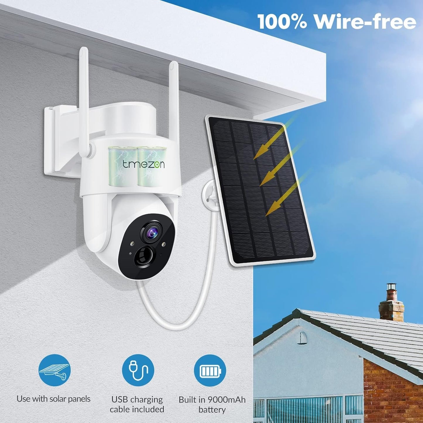 Solar Powered Security Camera TMEZON Outdoor Wireless 360Â° PTZ Camera for Home Surveillance with 3MP Night Vision Pan Tilt Solar Powered, Motion Detection Record 2.4Ghz WiFi vicohome app