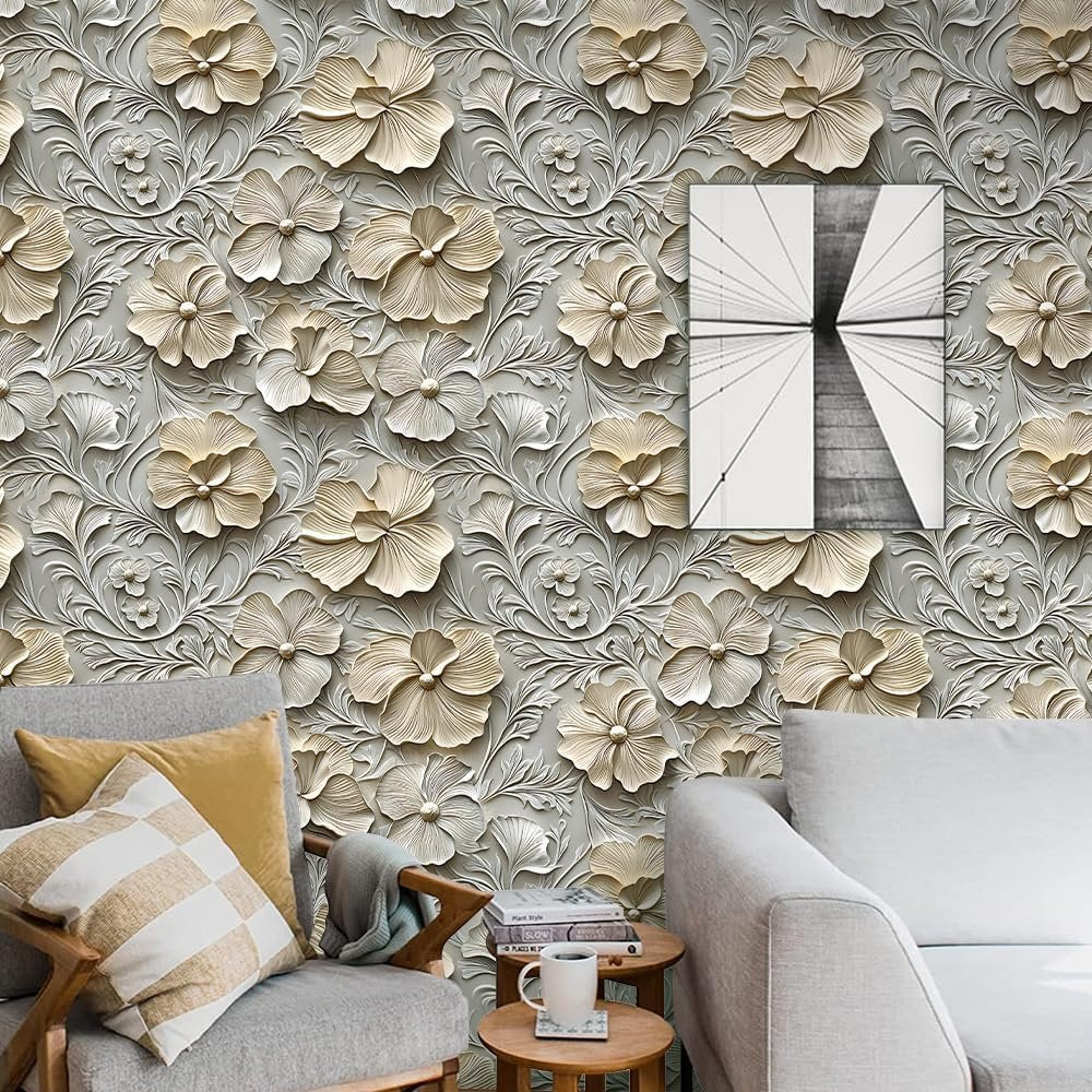 COKCOKR 3D Floral Peel and Stick Wallpaper,17.71"x236.2" Grain Floral and Leaves Self Adhesive Removable Texture Wallpaper for Bedroom Renter Friendly Contact Paper for Bedroom Bathroom Shelf Liner