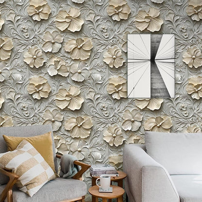 COKCOKR 3D Floral Peel and Stick Wallpaper,17.71"x236.2" Grain Floral and Leaves Self Adhesive Removable Texture Wallpaper for Bedroom Renter Friendly Contact Paper for Bedroom Bathroom Shelf Liner