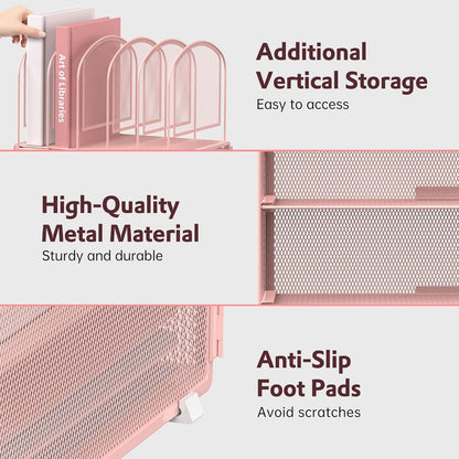 DALTACK Paper Desk Organizer, 3-Tier Letter Tray with 5 Vertical File Holders, Multifunction Desk Organizer, Desktop File Folder Organizer, Desk Organizers and Accessories for Home Office, Pink