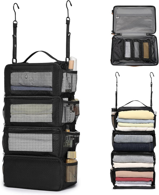 Hanging Suitcase Organizer, Travel Essentials Carry-on Collapsible Packing Cubes for Travel, Stow-N-Go Portable Hanging Closet Organizer Shelves Luggage Bag, Small, Black