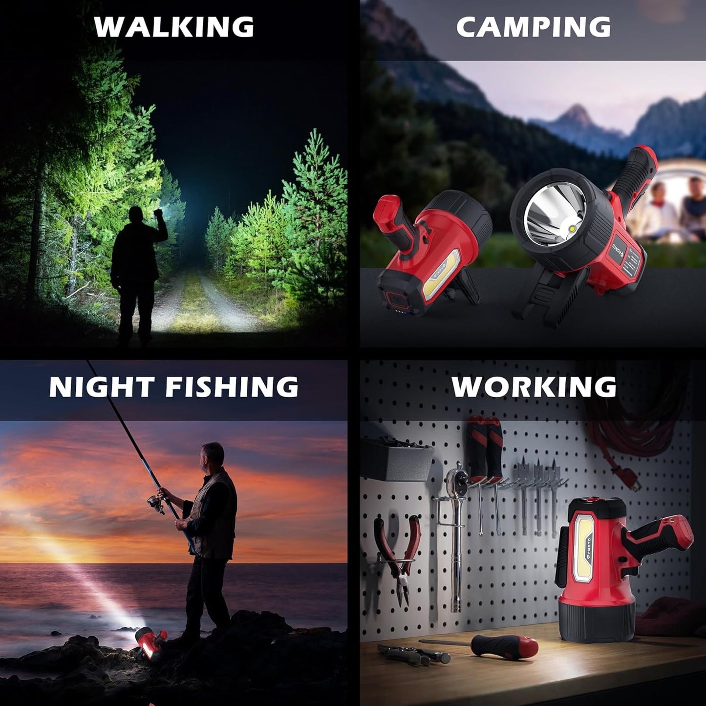 FORTO Rechargeable Spotlight Flashlight with 2000 Lumens, Handheld Spotlight with Foldable Stand, 6 Light Modes IPX7 Waterproof LED Spot Lights Outdoor for Boating Hunting Hiking(Red Pro)
