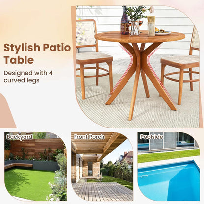 DORTALA Patio Wood Round Dining Table, 35.5" Eucalyptus Wood Table for 4-Person with Slatted Tabletop & Curved Legs for Backyard, Garden, Poolside