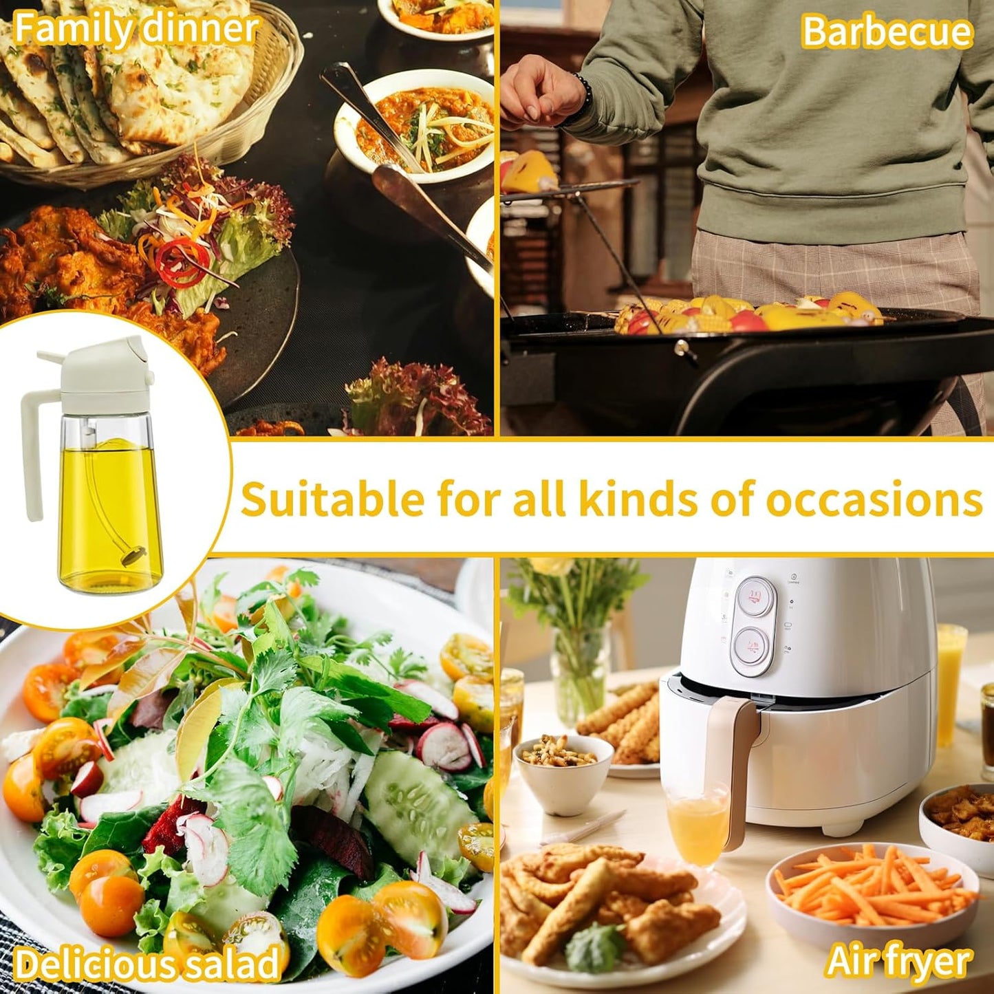 2 Pack Oil Spray Bottle, 2 in 1 Oil Dispenser for Kitchen, 470mL/16.5oz Oil Sprayer for Cooking, Food Grade Glass Olive Oil Bottle with Pourer, Perfect BBQ Kitchen Tools & Gadgets, White