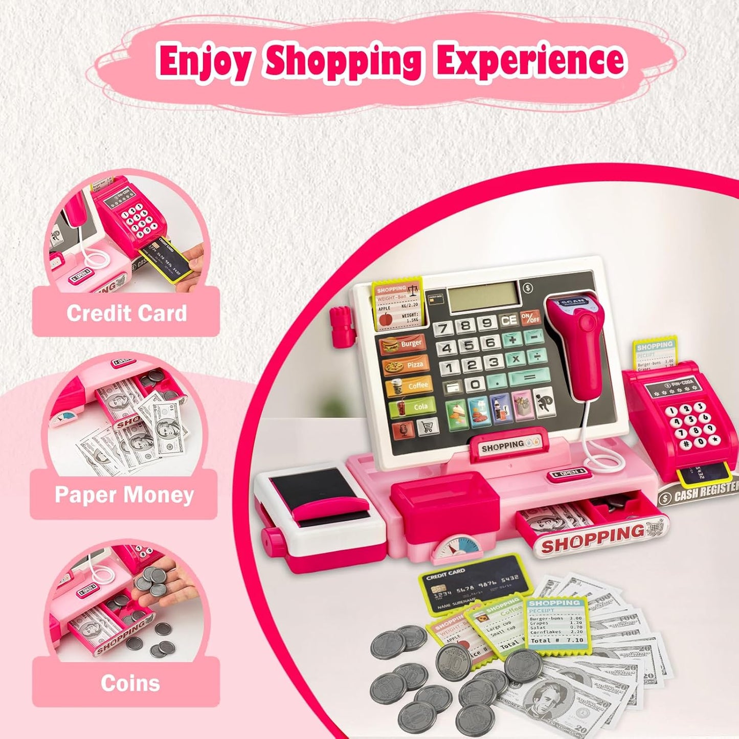 Interactive Kids Cash Register Toy - Educational Pretend Play Store Set with Shopping Cart, Includes Music, Real Calculator & Scanner - Ideal Birthday Gift for Girls & Boys Ages 3-8 (Red-Pink)