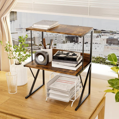 aboxoo Printer Stand for Desk, Desktop Printer Shelf Large Printer Stands 3 Tiers Multi-Purpose Desk Office Organization Shelves for Home Office Printer Fax Book, Rustic Brown