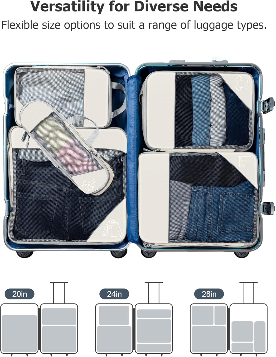 Koncle Compression Packing Cubes for Suitcases, Extensible Travel Packing Cubes, Mesh Luggage Suitcase Organizer Bags, Large Medium Small Slim Packing Cube, Travel Suitcase Accessories Cream