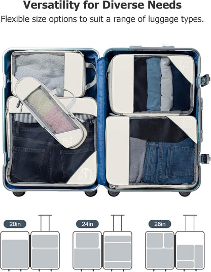 Koncle Compression Packing Cubes for Suitcases, Extensible Travel Packing Cubes, Mesh Luggage Suitcase Organizer Bags, Large Medium Small Slim Packing Cube, Travel Suitcase Accessories Cream