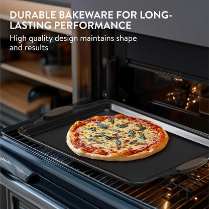 Navaris Non Stick Baking Trays, Set of 5 - Durable & Stackable Oven Baking Tray Kit - Bakeware Tins with Silicone Handles - Pans Ideal for Cake & Muffin Baking - Dishwasher Ready