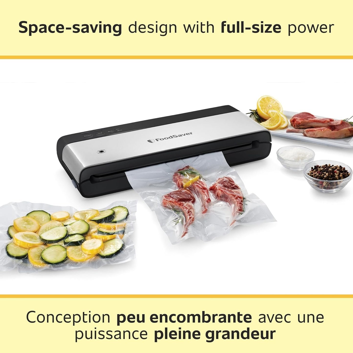 FoodSaver PowerVac Compact Vacuum Sealer Machine with Vertical Storage, 5 Vacuum Seal Bags & 1 Roll, Stainless Steel - VS0150