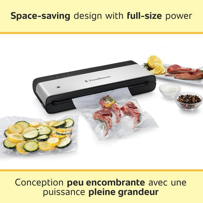 FoodSaver PowerVac Compact Vacuum Sealer Machine with Vertical Storage, 5 Vacuum Seal Bags & 1 Roll, Stainless Steel - VS0150