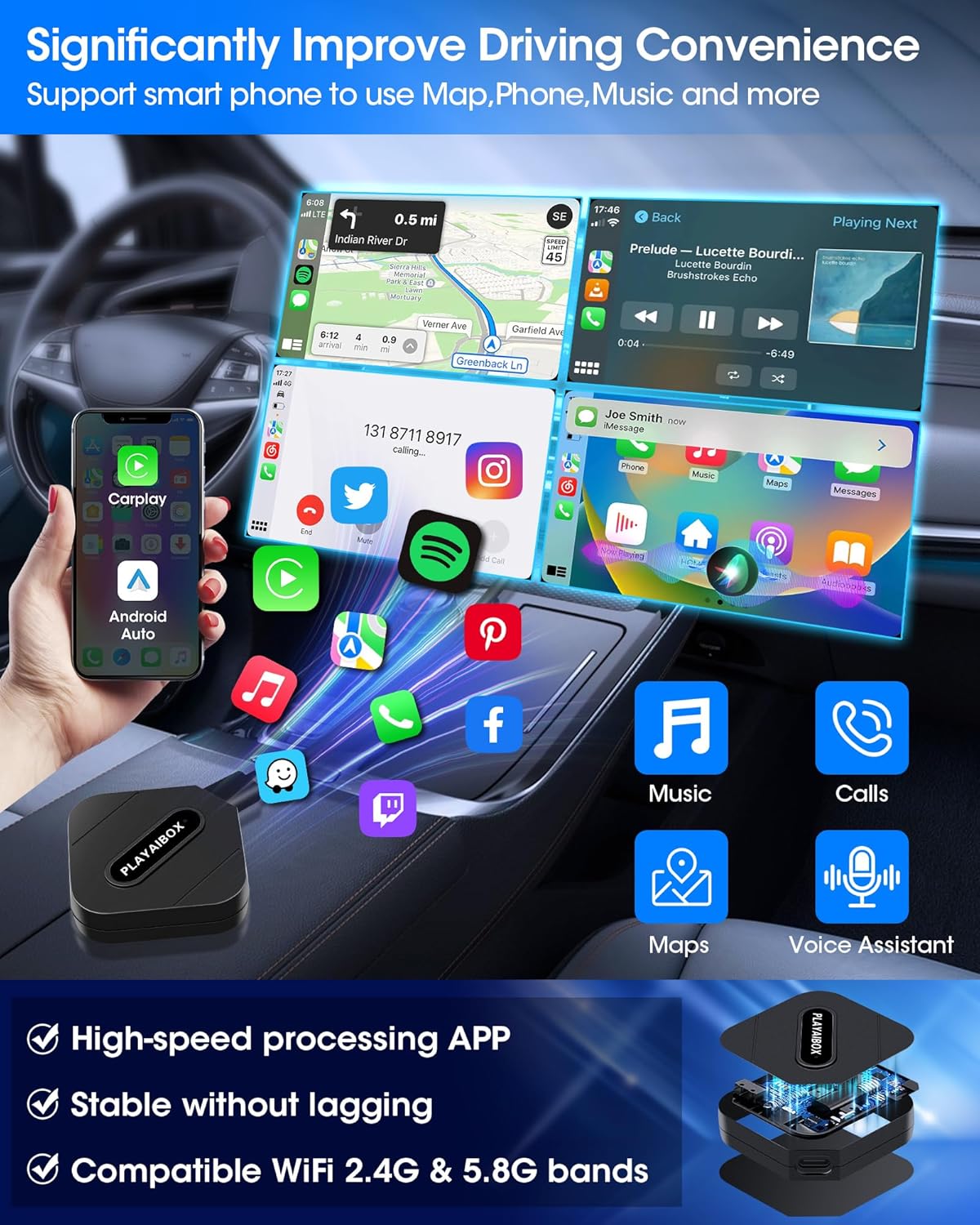 Carplay Wireless Adapter Android Car Wireless Adapter 2 in 1 Design, Bluetooth 5.0 Adapter Wireles-s Android Car Fast Connection Transmission with Plug and Play Mini Design