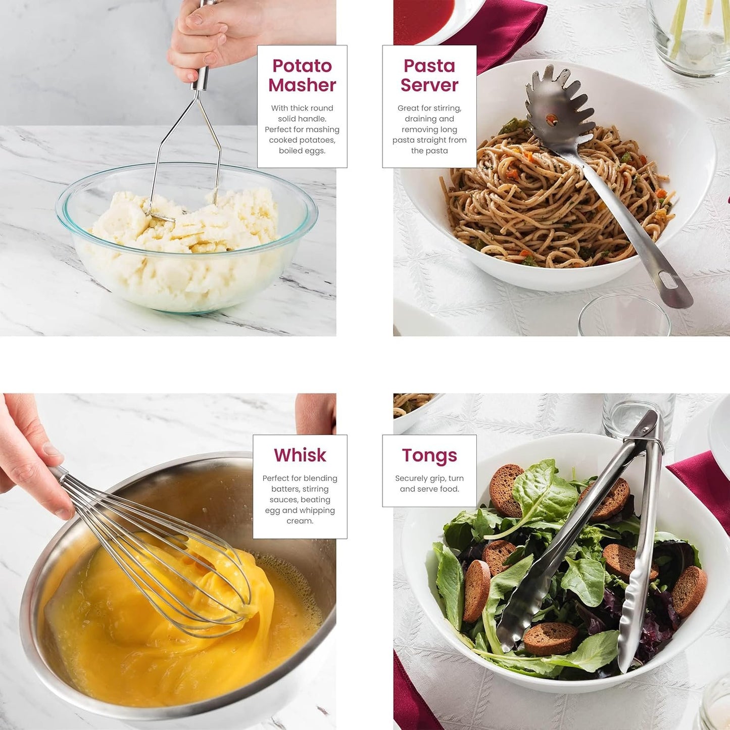 Kitchen Utensil Set - 10 Pieces Stainless Steel Kitchen Utensils with Spoons, Whisk, Spatula, Tongs, Ladle, Potato Masher and Kitchen Utensil Holder, Kitchen Accessories, Gadgets and