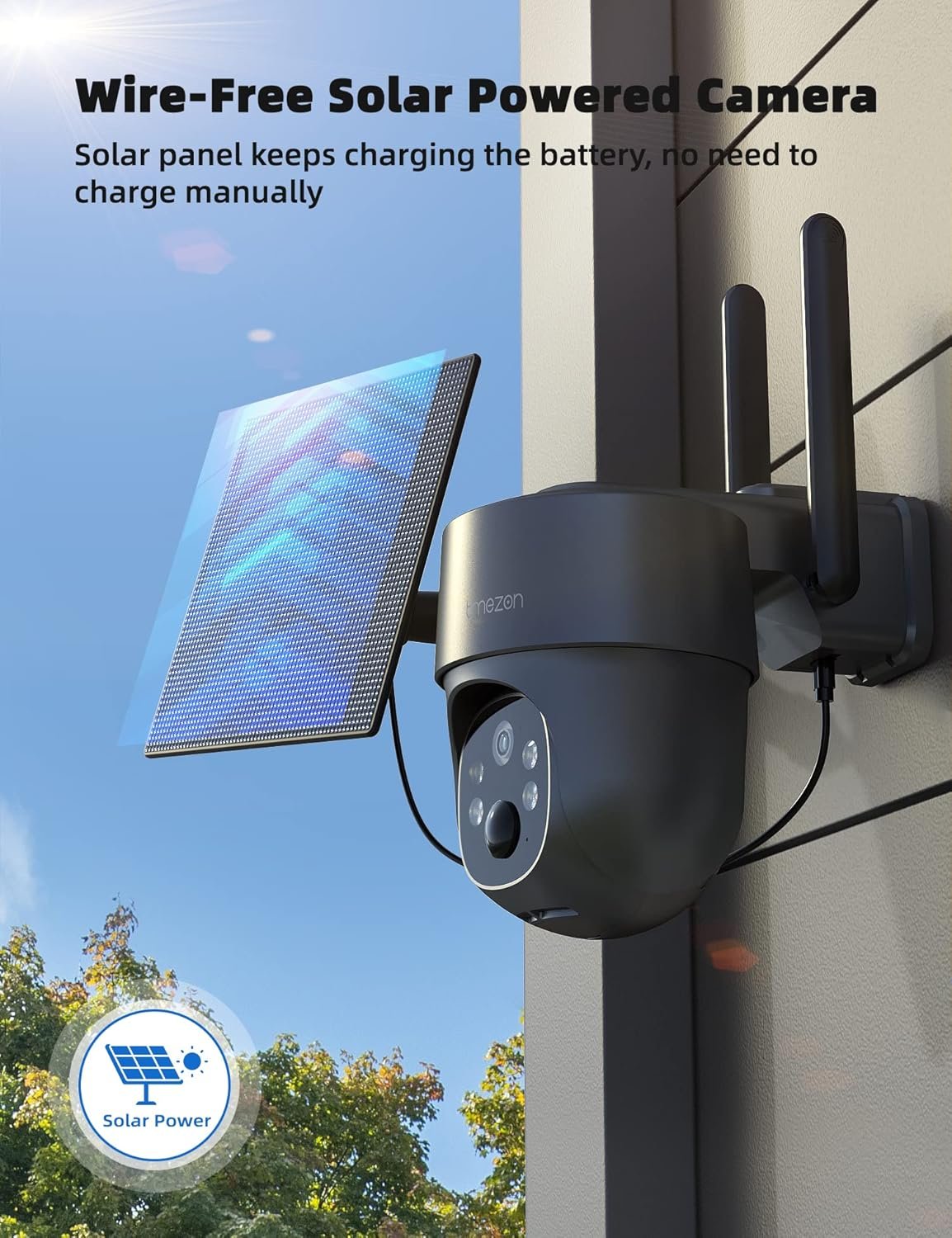 TMEZON 4G LTE Surveillance Security Camera Wireless Outdoor Solar Powered, 2K HD Color Night Vision, Pan Tilt 360Â°View Spotlight, 2-Way Talk, SIM Card & TF Card Included, PIR Motion with Solar Panel