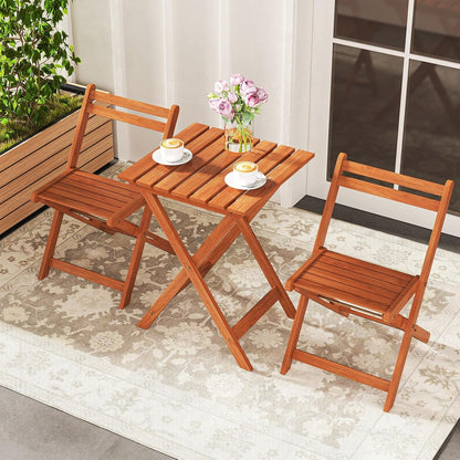 HAPPYGRILL 3 Piece Outdoor Wood Bistro Set, Solid Wood Furniture Set w/ 2 Folding Chairs & Dining Table, Slatted Seat & Tabletop, Patio Dining Set for Backyard, Poolside