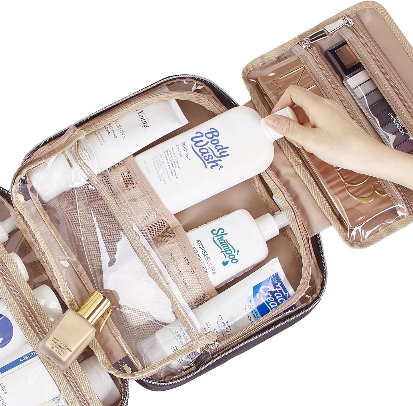 NISHEL Travel Toiletry Bag for Women, Portable Hanging Organizer for Full-Sized Shampoo, Conditioner, Brushes Set, Travel-Size Accessories