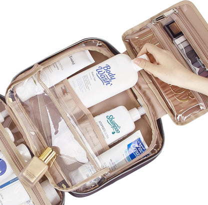 NISHEL Travel Toiletry Bag for Women, Portable Hanging Organizer for Full-Sized Shampoo, Conditioner, Brushes Set, Travel-Size Accessories
