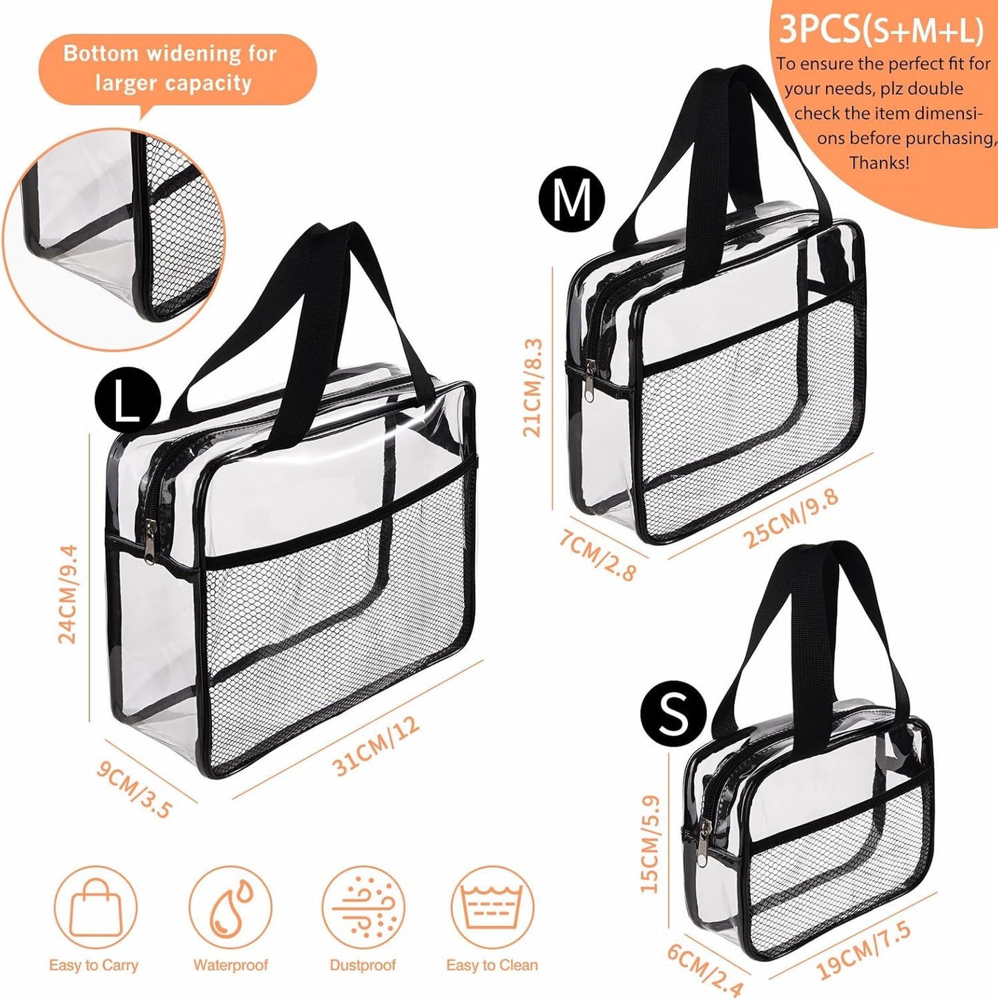 Clear Travel Toiletry Bags, XEWEA 3 Pack TSA Approved Transparent Makeup Bag for Men Women, Large Waterproof PVC Quart Organizer Kit with Zipper for Toiletries Airline Essentials,Toy Storage Pouch