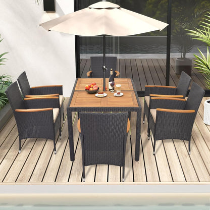 ORALNER 7 Pieces Outdoor Dining Set, Wicker Dining Table and Chairs Set with Acacia Wood Table Top, Seat Cushions, Rattan Patio Dining Table Set for 6, Garden Yard Poolside Deck, Brown