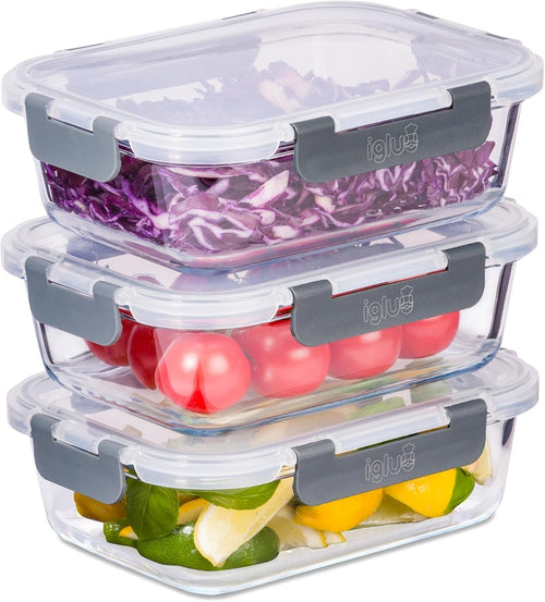 Igluu Meal Prep - Glass Containers with Leak-Proof Snap Lock Lids - Airtight Portion Control Food Storage. BPA-Free, Microwavable, Oven & Dishwasher-Safe 1050ml (3 pack)