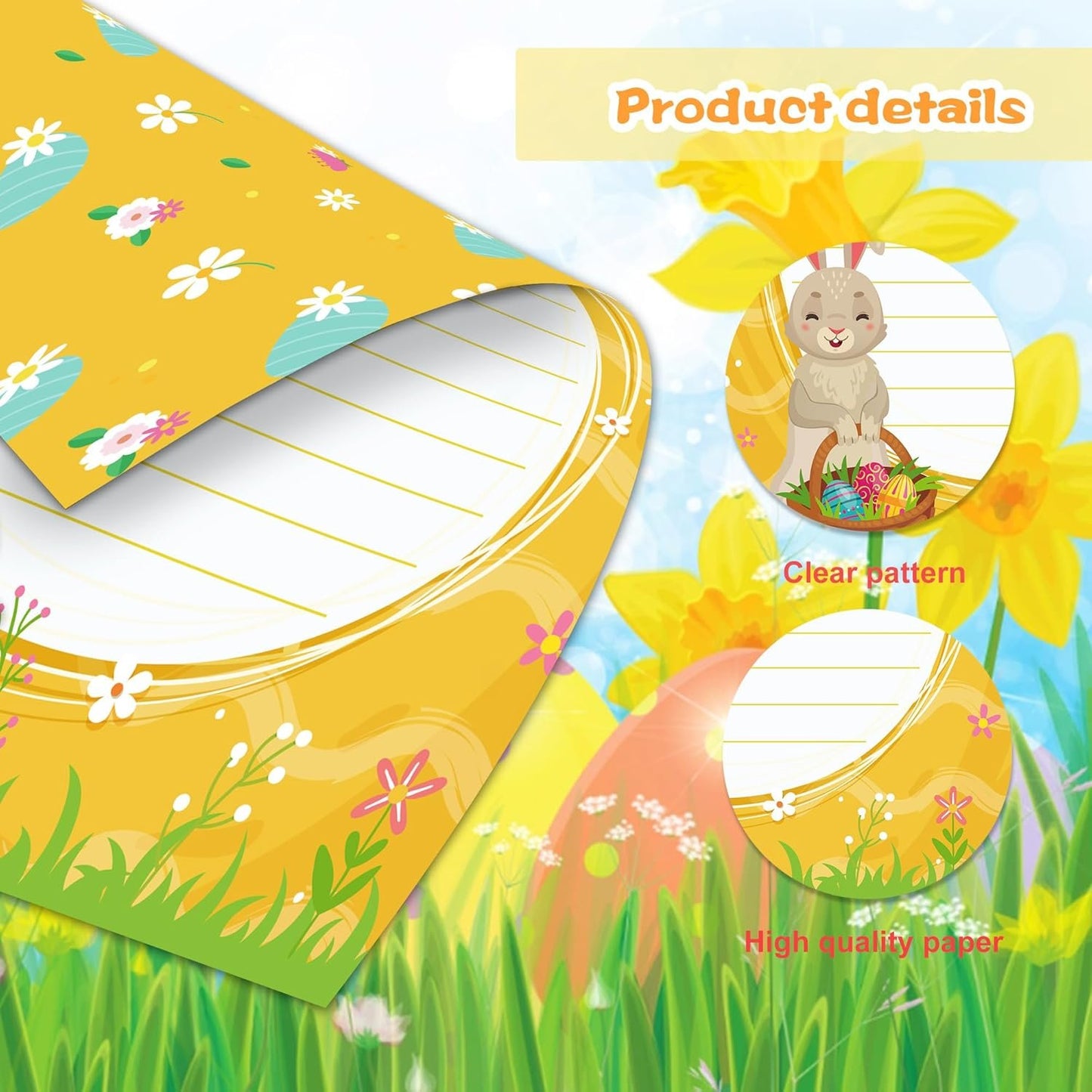 GLKTOPO 60 Sheets Easter Stationery Paper, 8.5" x 11" Double Sided Holiday Letterhead, Multicolor Bunny Egg Pattern Writing Paper for Notes Cards Invitation Scrapbook Crafts to Do List - 6 Design