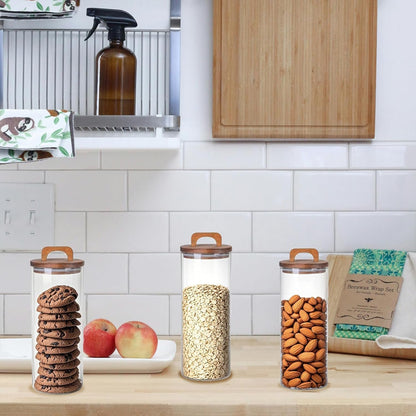 Set of 3 Glass Jars Food Storage Containers with Wooden Lid - Airtight Kitchen Canisters for Spaghetti, Coffee beans, Oat,cereal,Tea, Flour, Sugar, Food Jars With Acacia Wood Lids (1750ml/59oz)