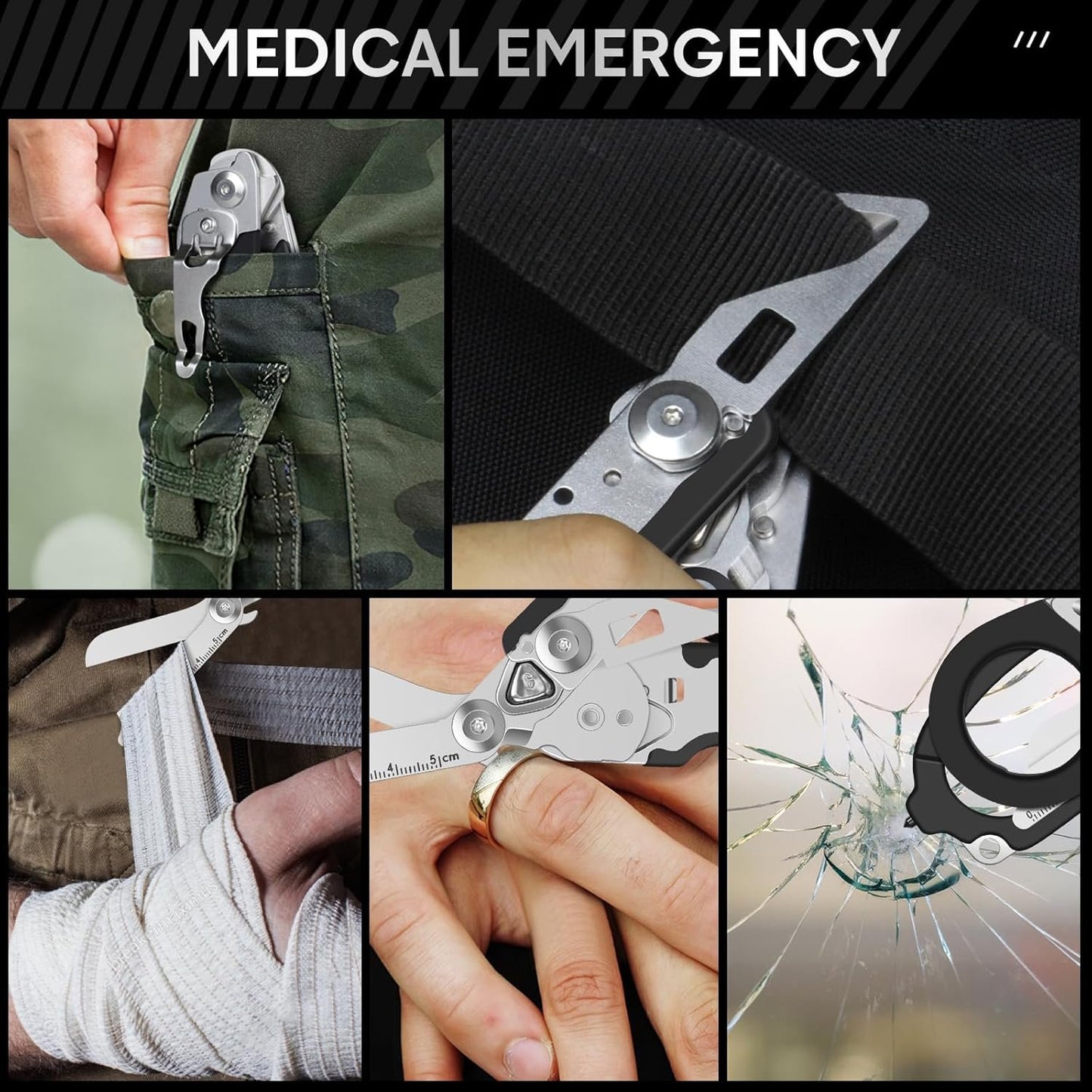 Trauma Shears Emergency Shears with Strap Cutter and Glass Breaker Stainless Steel Foldable Scissors Pliers, Outdoor Camping Rescue Scissors Tools â€¦ (Black)