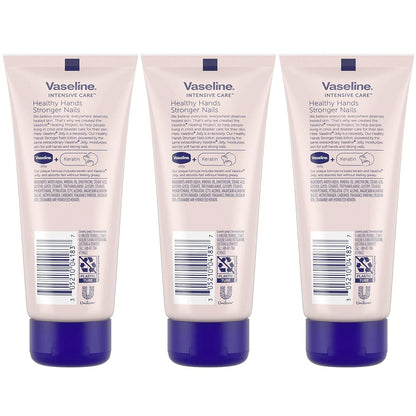 Vaseline Lotion, Healthy Hands Stronger Nails with Keratin 3-Pack – Intensive Care Hand Lotion with Petroleum Jelly, 3.4 Oz Ea