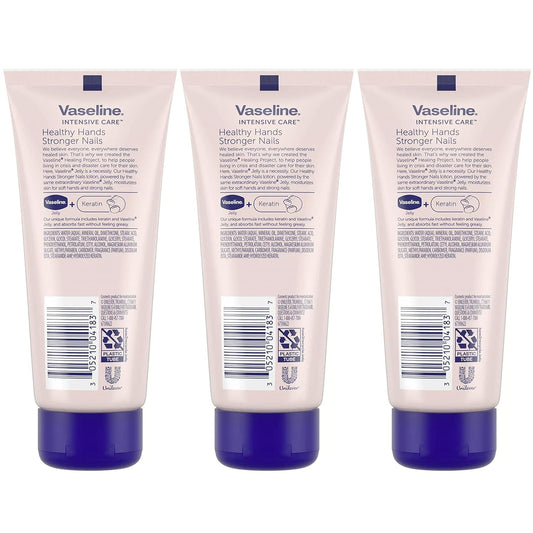 Vaseline Lotion, Healthy Hands Stronger Nails with Keratin 3-Pack – Intensive Care Hand Lotion with Petroleum Jelly, 3.4 Oz Ea