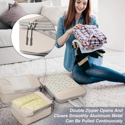 WUFANC 4 Pieces Space-Saving Suitcase Organizer, Packing Cubes Compression Waterproof and Easy to Store, Breathable with Durable Visible Mesh and Space-Saving Travel Organizer (Beige)