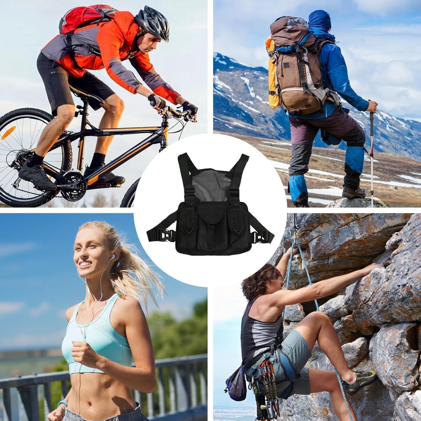 Running Chest Pack, Adjustable Shoulder Harness, Lightweight Pouch, Multiple Compartments, Secure Strap Organizer for Jogging, Hiking, Travel, Outdoor Sports 11.02x9.06x0.79 inches