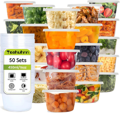 Taehuhnn 50 Pcs 16 oz Deli Food Plastic Storage Containers with Airtight Lids, Freezer & Microwave & Dishwasher Safe, Leakproof Take Out Meal Prep Food Storage Containers for Snack Soup Salad Fruit