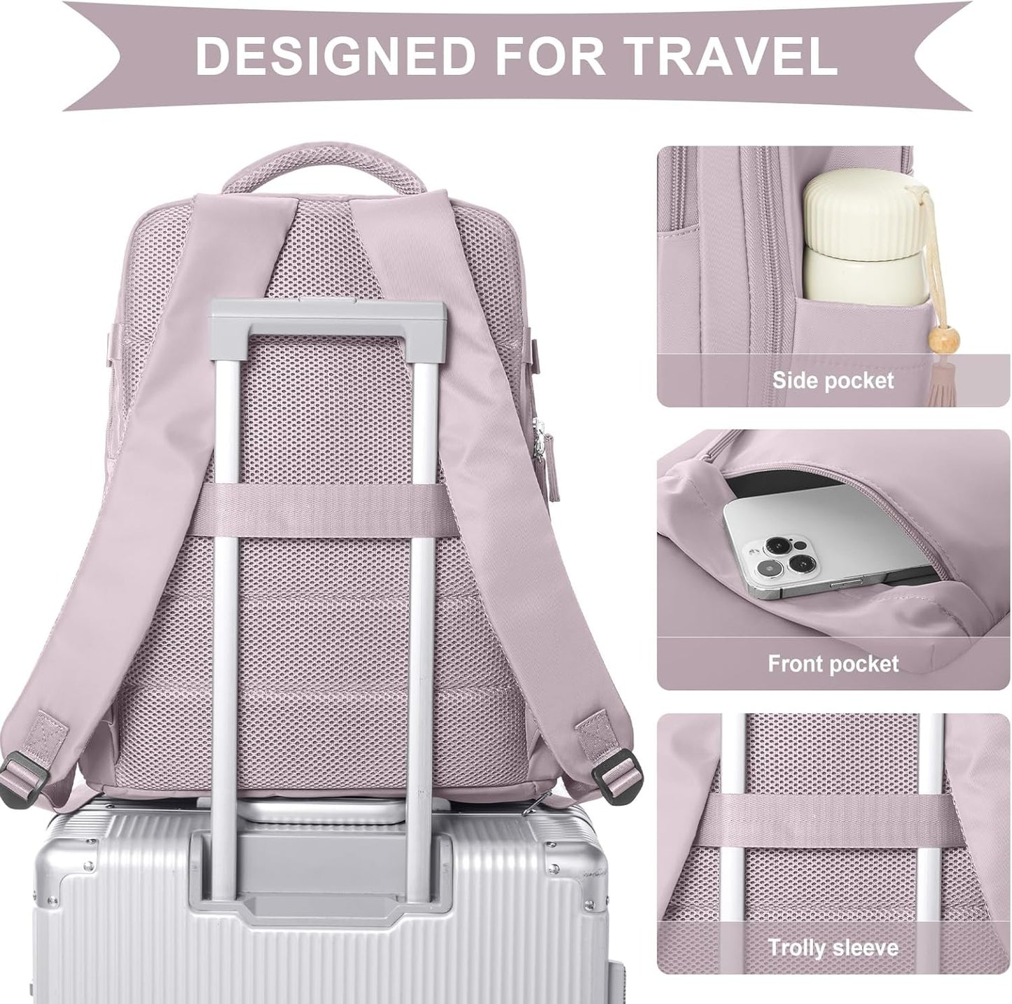 Cabin Bags for Travel, Underseat Carry-ons Bag for Women, Hand Luggage Bag Men Travel Backpack Cabin Size Fit 14 inch Laptop backpack Lightweight Version Lotus Root Pink